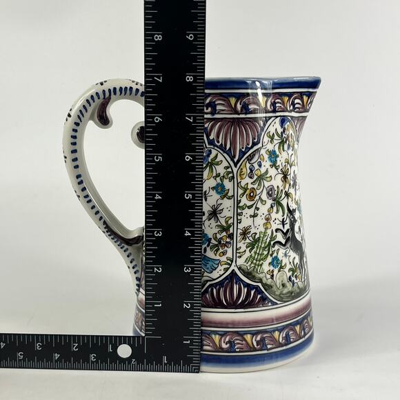 Ceramicas De Coimbra Portugal Pitcher Hand Painted Floral Deer Bird Motif 8" - Picture 10 of 13